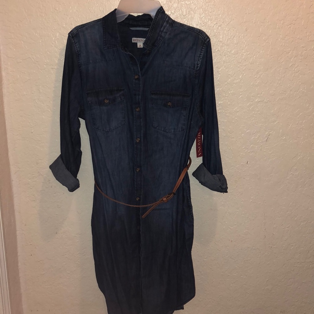 Jean button down shirt dress with small belt